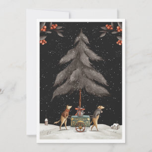 Vintage Look Dog Bringing Home the Christmas Tree Holiday Card