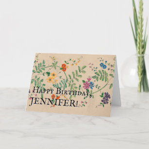 Vintage Look Flowers, Leaves, Stem; Happy Birthday Card