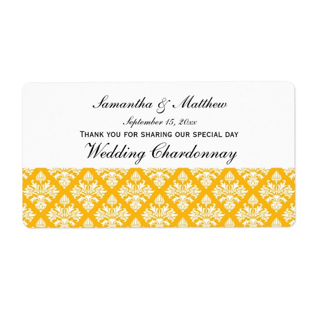 Vintage Look Goldenrod & Wht Damask #3 Wine Label (Front)