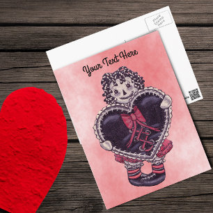 Vintage Look Gothic Rag Doll Black Heart Pink Postcard