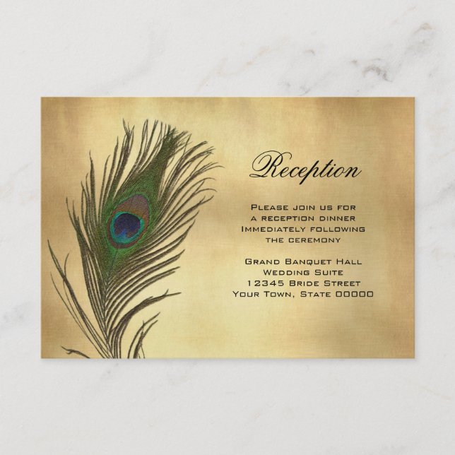 Vintage Look Peacock Feather Reception Info Card (Front)
