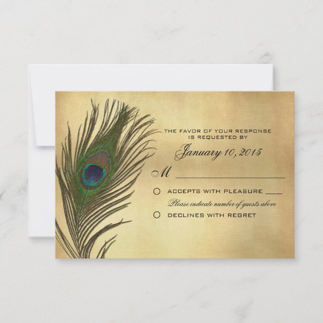 Vintage Look Peacock Feather RSVP Custom Card (Front)