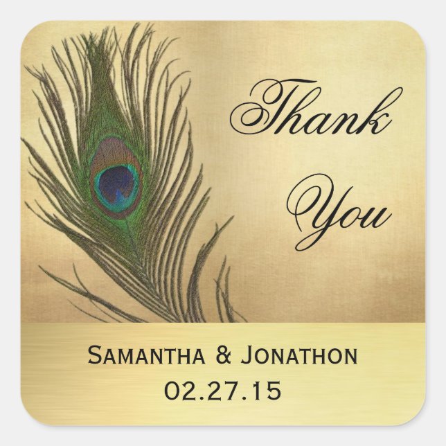 Vintage Look Peacock Feather Wedding Favour Labels (Front)