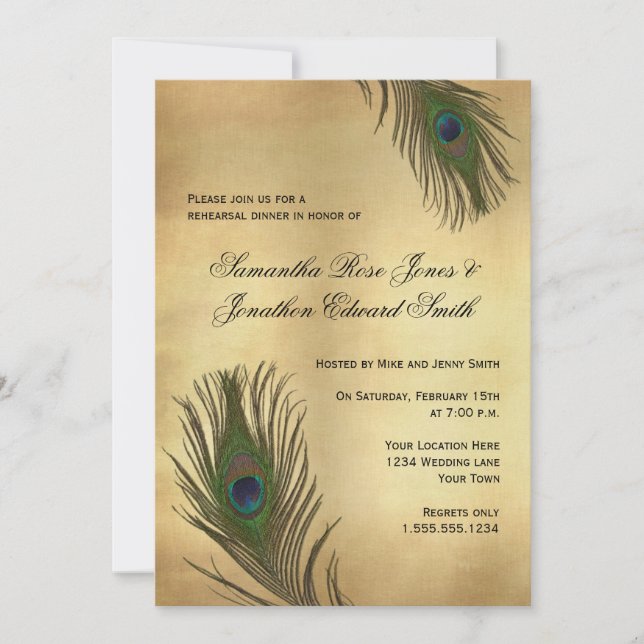 Vintage Look Peacock Feathers Rehearsal Dinner Invitation (Front)