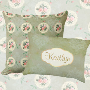 Vintage Look Personalised Faded Green Damask Decorative Cushion