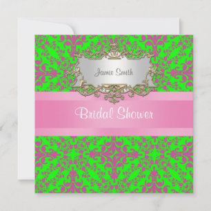 Vintage Look Pink Lime Grn Damask #3 Bridal Shower Invitation