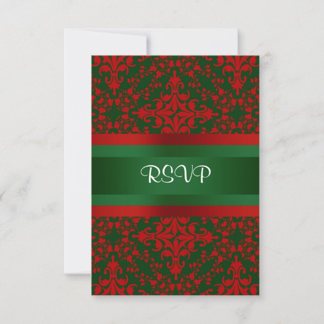 Vintage Look Red & Green Damask #2 RSVP Card (Front)