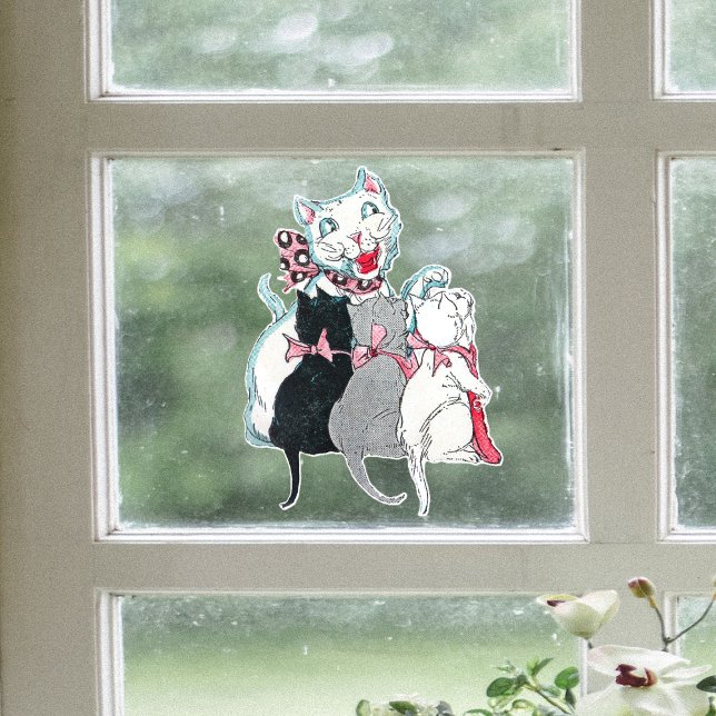 Vintage Look White Cat Kittens Pink Ribbons Bows (Vintage style white mother cat sitting with three kittens on cutout window cling decoration.)