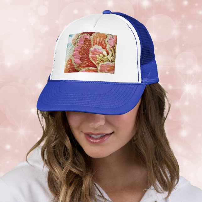 Vintage Lotus Flower Embroidered Texture Trucker Hat (Pretty emboidered look orange and pink flower on ball cap.)