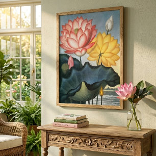 Vintage Lotus Flowers With Leaves in a Pond Poster