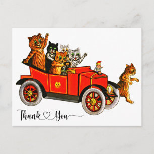 Vintage Louis Wain Cats in Car Thank You Postcard