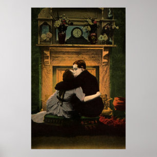 Vintage Love and Romance Couple Romantic Fireplace Poster