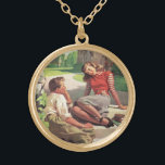 Vintage Love and Romance, High School Sweethearts Gold Plated Necklace<br><div class="desc">Vintage illustration love and romance design featuring a cute young couple flirting at school. The teenagers are sitting with their textbooks on some steps in the shade of the trees om campus.</div>