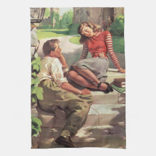 Vintage Love and Romance, High School Sweethearts Tea Towel