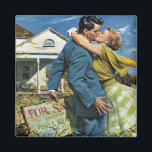 Vintage Love and Romance Newlyweds Buy First House Magnet<br><div class="desc">Vintage illustration love and romance image featuring a young couple kissing. A kiss to seal the deal and celebrate the purchase of their new home. A slight fixer upper. Great housewarming gift!</div>
