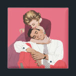 Vintage Love and Romance, Newlyweds in Pink Magnet<br><div class="desc">Vintage illustration love and romance design featuring a happy newlywed couple hugging and snuggling. She is about to whisper a secret to her sweetheart.</div>