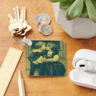 Vintage Love and Romance Photo, Children Kiss Key Ring