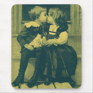 Vintage Love and Romance Photo, Children Kiss Mouse Pad