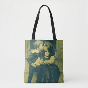 Vintage Love and Romance Photo, Children Kiss Tote Bag