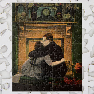 Vintage Love and Romance, Romantic Fireplace Kiss Jigsaw Puzzle