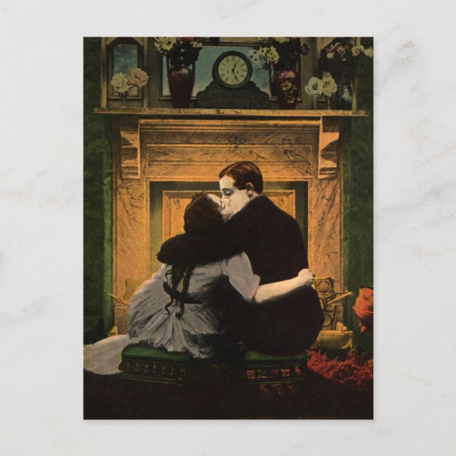 Vintage Love and Romance, Romantic Fireplace Kiss Postcard (Front)