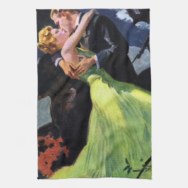 Vintage Love and Romance, Romantic Kiss Tea Towel (Vertical)