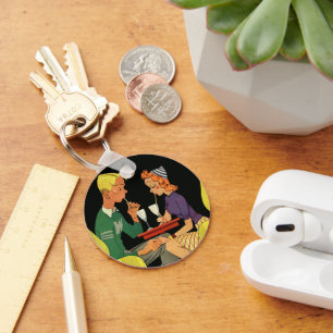 Vintage Love and Romance, Teens at the Soda Shop Key Ring