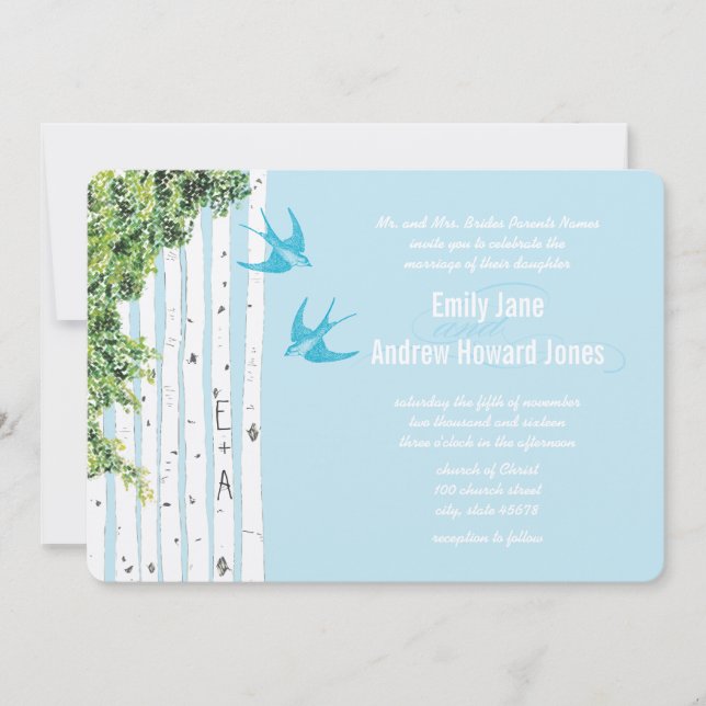 Vintage Love Bird Birch Tree Wedding Invitations (Front)