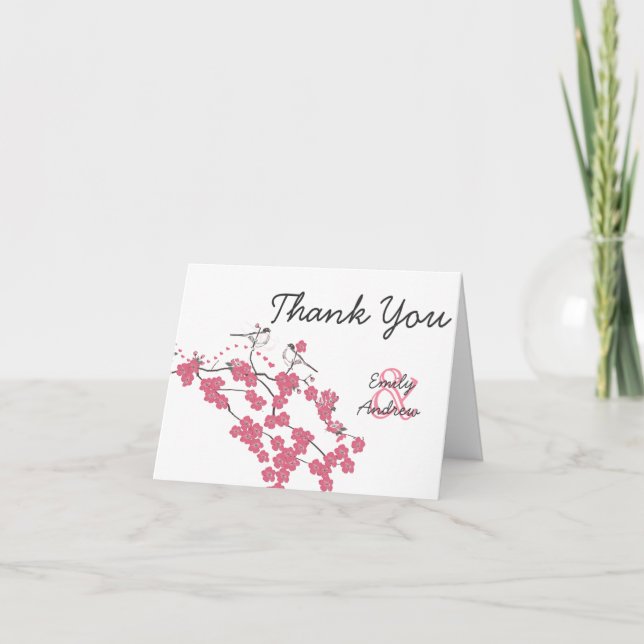 Vintage Love Bird Cherry Blossom Wedding Thank You (Front)