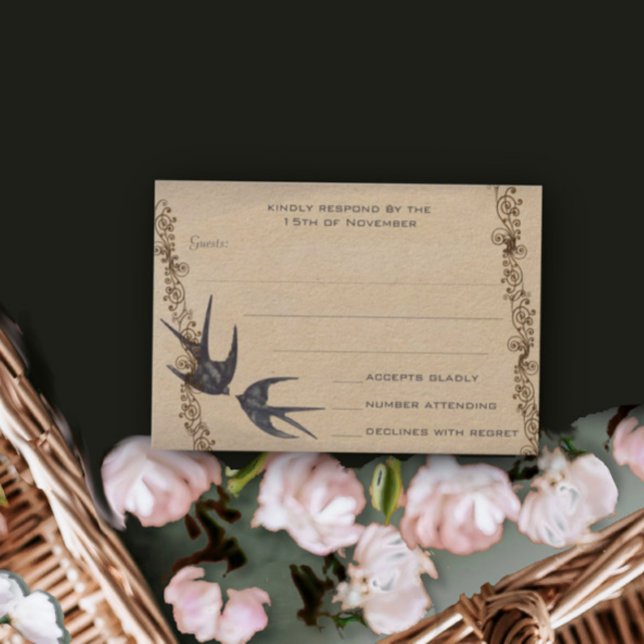 Vintage Love Bird Navy Wedding RSVP (Creator Uploaded)