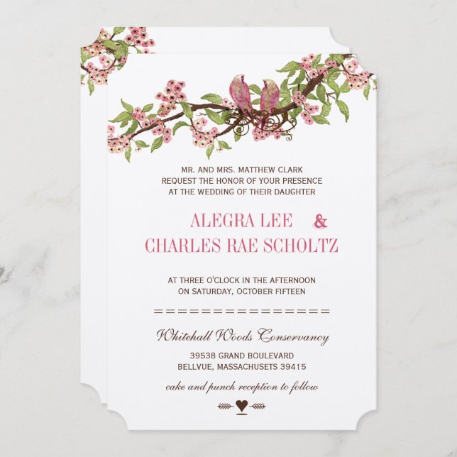 Vintage Love Bird Pink Cherry Blossom Wedding Invitation (Front/Back)