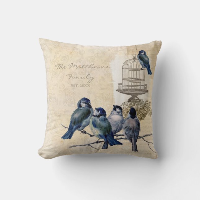 Vintage Love Birds Birdcage Family Personalised Cushion (Front)