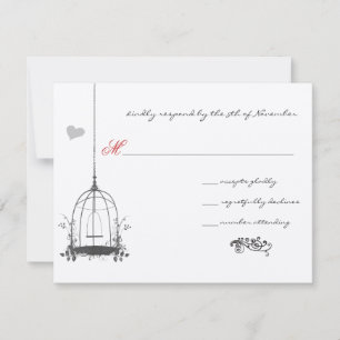 Vintage Love Birds Birdcage Red Accents Wedding RSVP Card