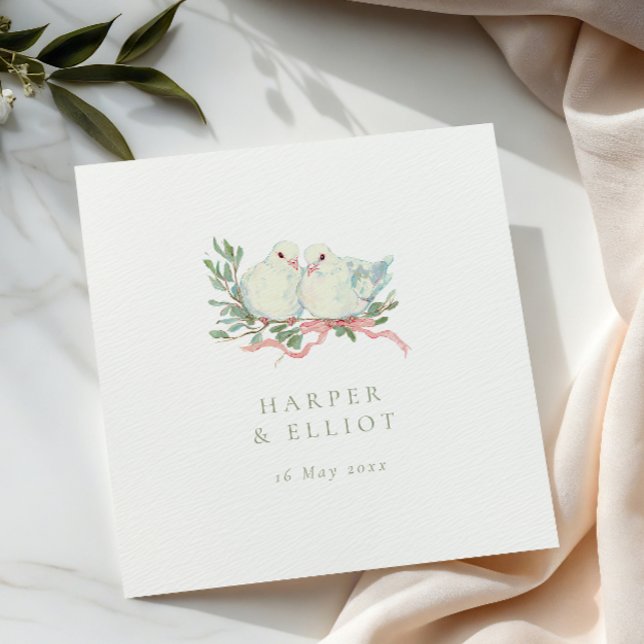 Vintage Love Birds & Bow Sage & Pink Wedding Napkin (Creator Uploaded)