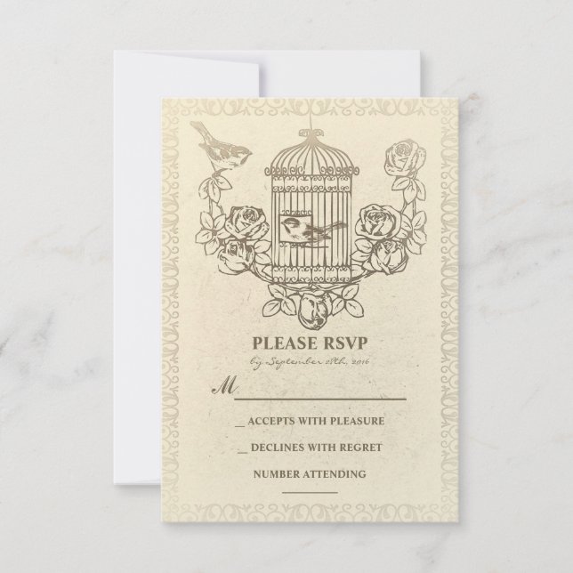 vintage love birds cage wedding RSVP cards (Front)