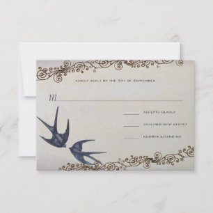 Vintage Love Birds Navy Wedding RSVP Card