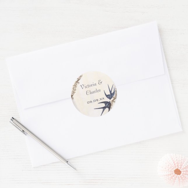 Vintage Love Birds Navy Wedding Stickers (Envelope)
