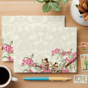 Vintage Love Birds Pink Flower Branch Envelopes