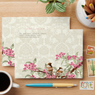 Vintage Love Birds Pink Flower Branch Envelopes