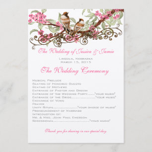Vintage Love Birds Pink Flowers Wedding Programme