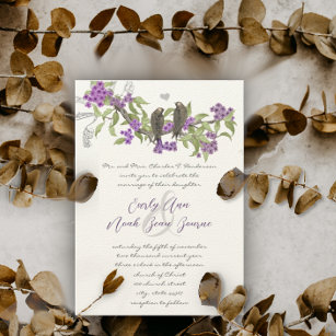 Vintage Love Birds Purple Blooms Wedding  Invitation