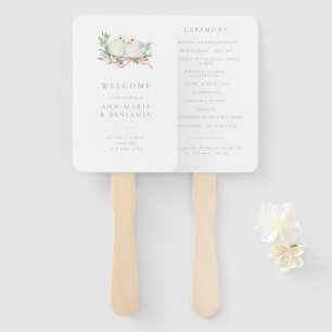 Vintage Love Birds Sage & Pink Wedding Program Hand Fan