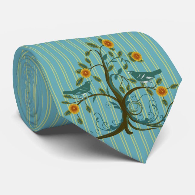 Vintage Love Birds Swirl Tree Stripe Wedding Tie (Rolled)