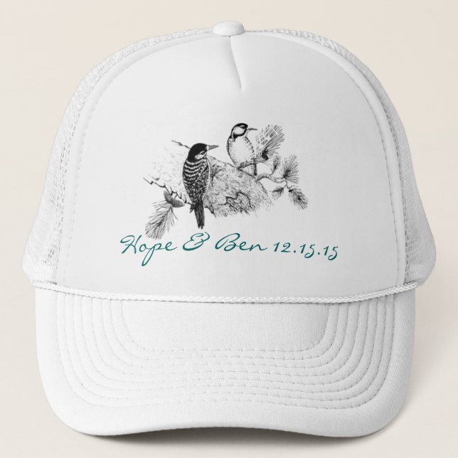 Vintage Love Birds Wedding Invitation Trucker Hat (Front)