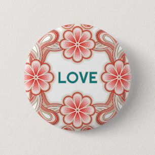 Vintage Love button with red flowers