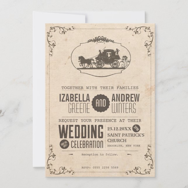 Vintage Love Carriage Wedding Invitation #V2 (Front)