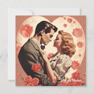 Vintage love couple hugs red hearts Valentine Holiday Card