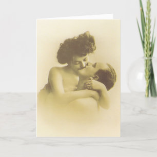 Vintage love couple kissing sepia illustration card