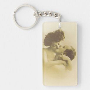 Vintage love couple kissing sepia illustration key ring