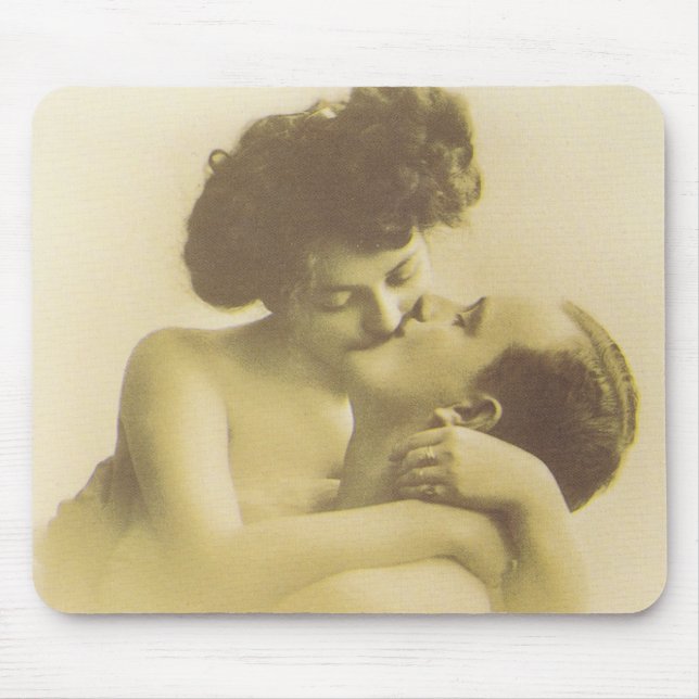 Vintage love couple kissing sepia illustration mouse pad (Front)